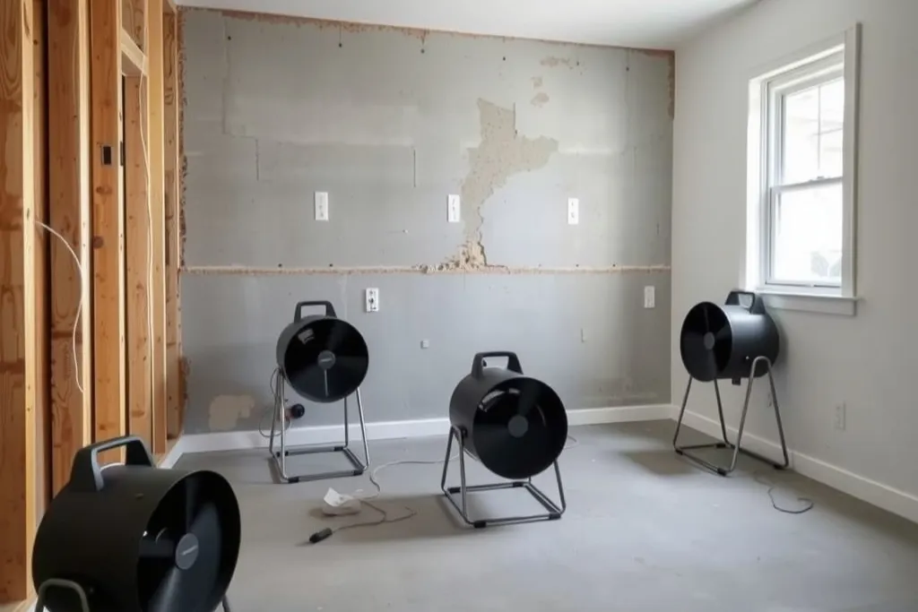 A stripped bedroom during drying: bare slab, a flood cut exposing studs, and three fans along the wall.