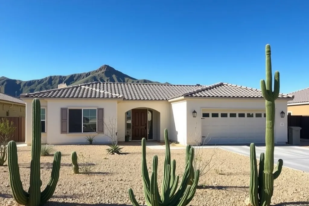 A low stucco house with a clay tile roof above a gravel desert front yard.
