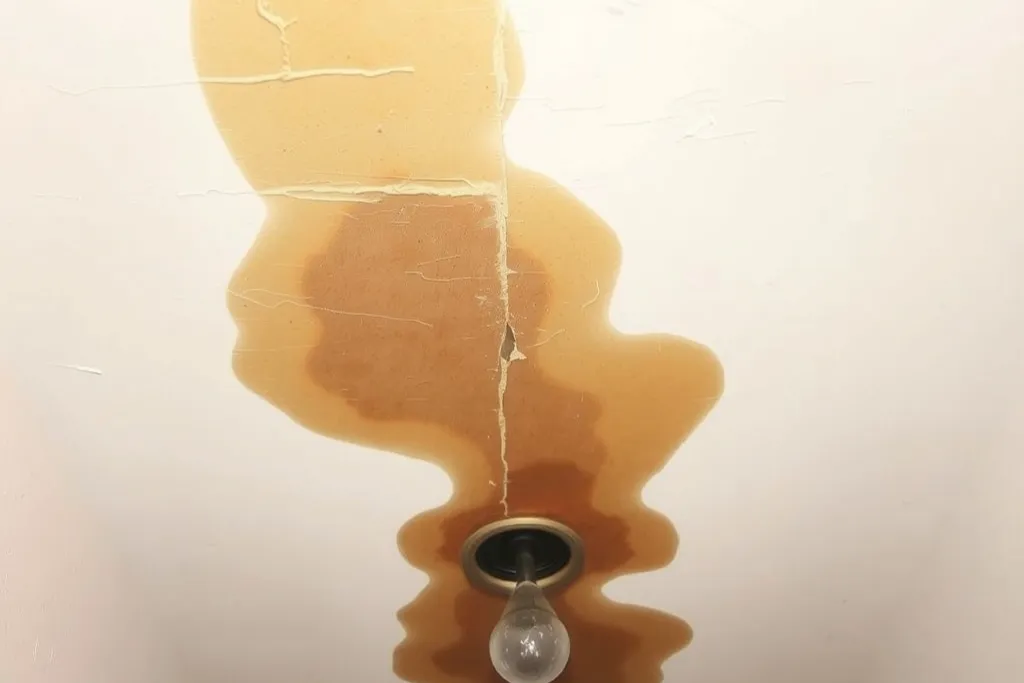 A spreading brown water stain on a hallway ceiling with a sagging, blistered seam.