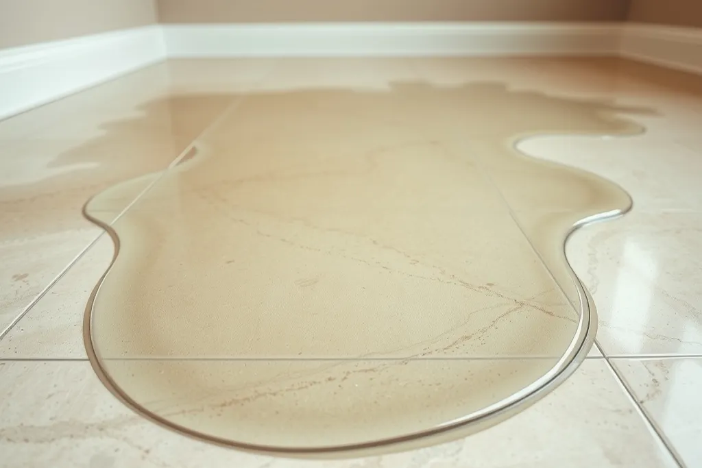 A thin sheet of clear water spreading across beige floor tile toward a white baseboard.